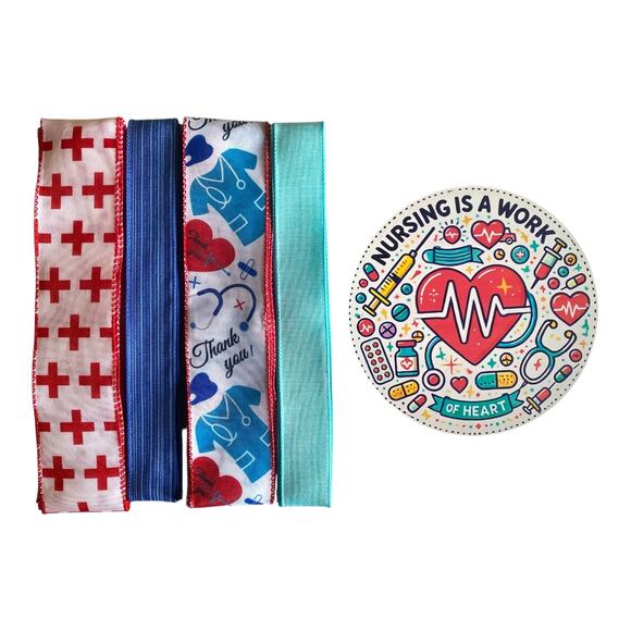 Nursing Ribbon Bundle w/ Sign | Nurse Wreath Kit | Red Blue Aqua DIY Home Decor - Picture 3 of 4